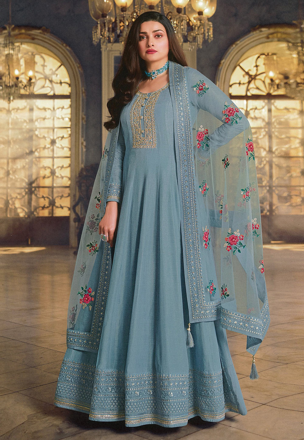 Prachi Desai Light Blue Silk Long Anarkali Suit 254086