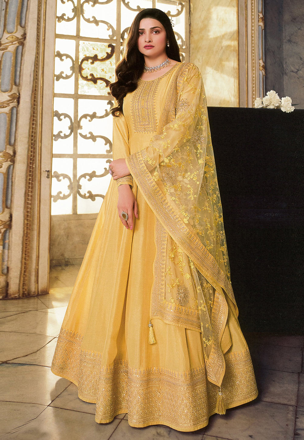 Prachi Desai Yellow Silk Abaya Style Anarkali Suit 254087
