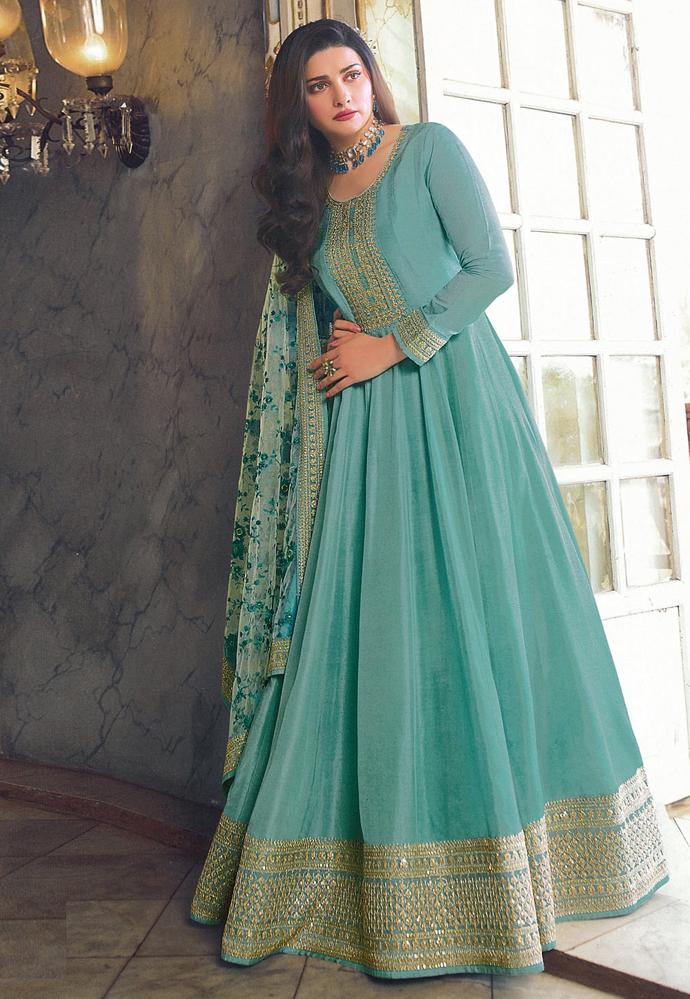 Prachi Desai Sky Blue Silk Long Anarkali Suit 254088