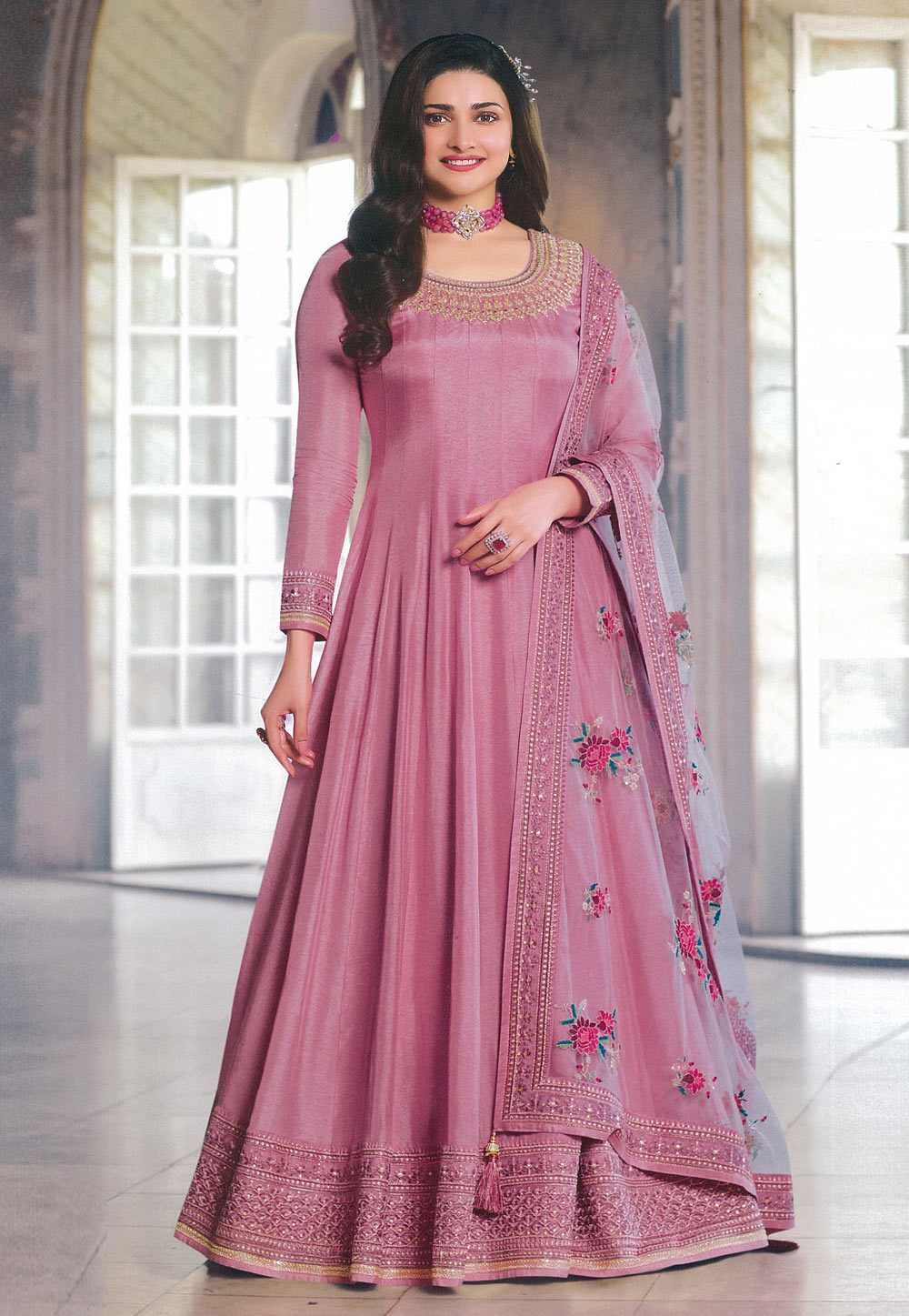 Prachi Desai Pink Silk Abaya Style Anarkali Suit 254089