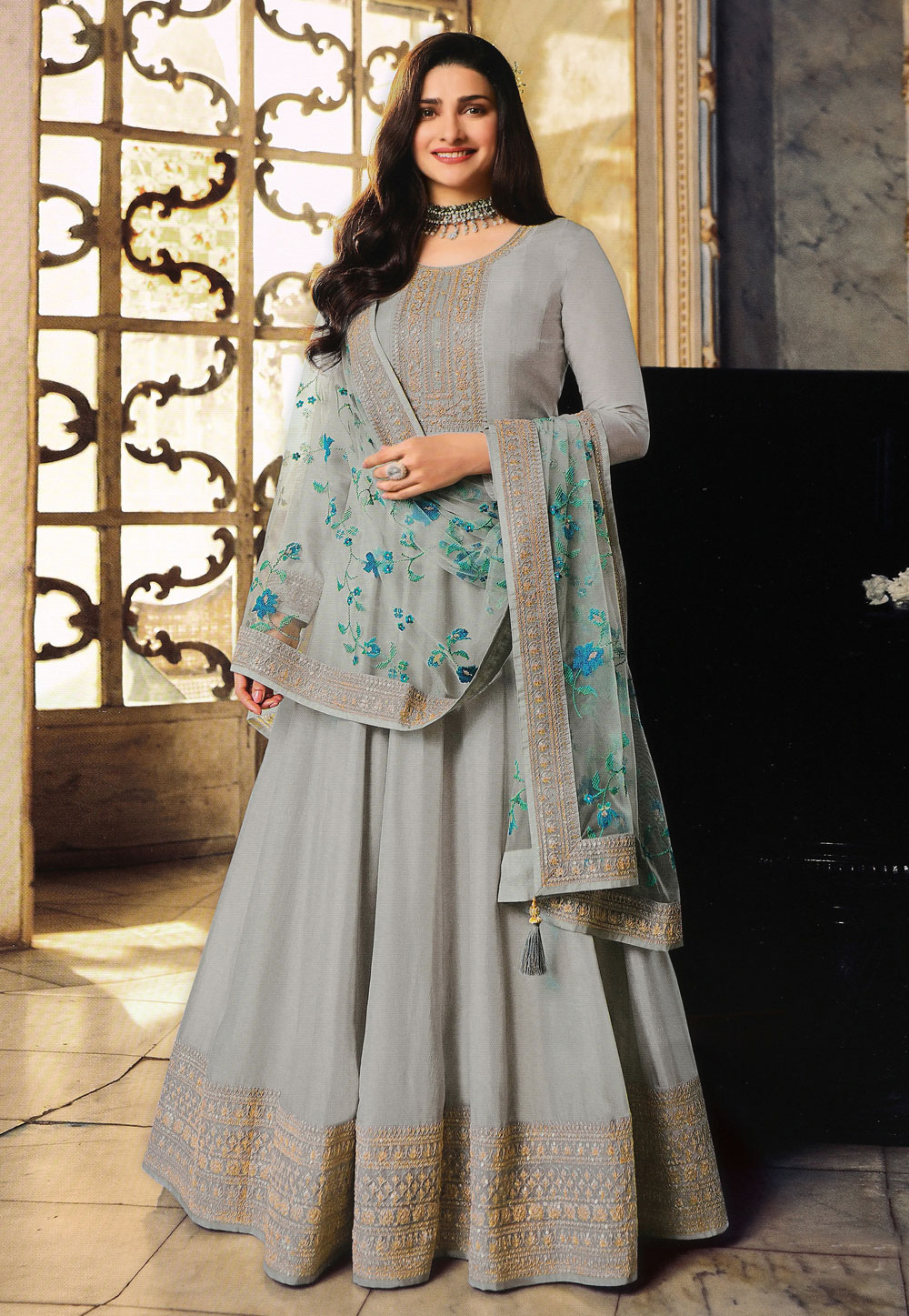 Prachi Desai Grey Silk Abaya Style Anarkali Suit 247137