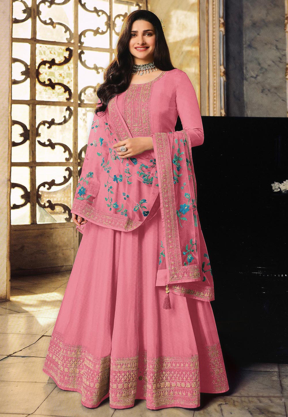 Prachi Desai Pink Silk Long Anarkali Suit 247138