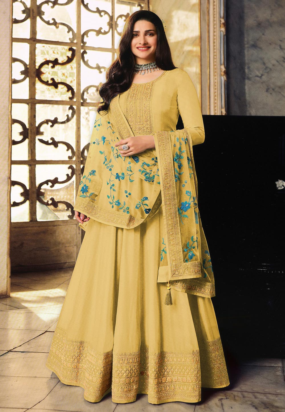 Prachi Desai Yellow Silk Abaya Style Anarkali Suit 247139