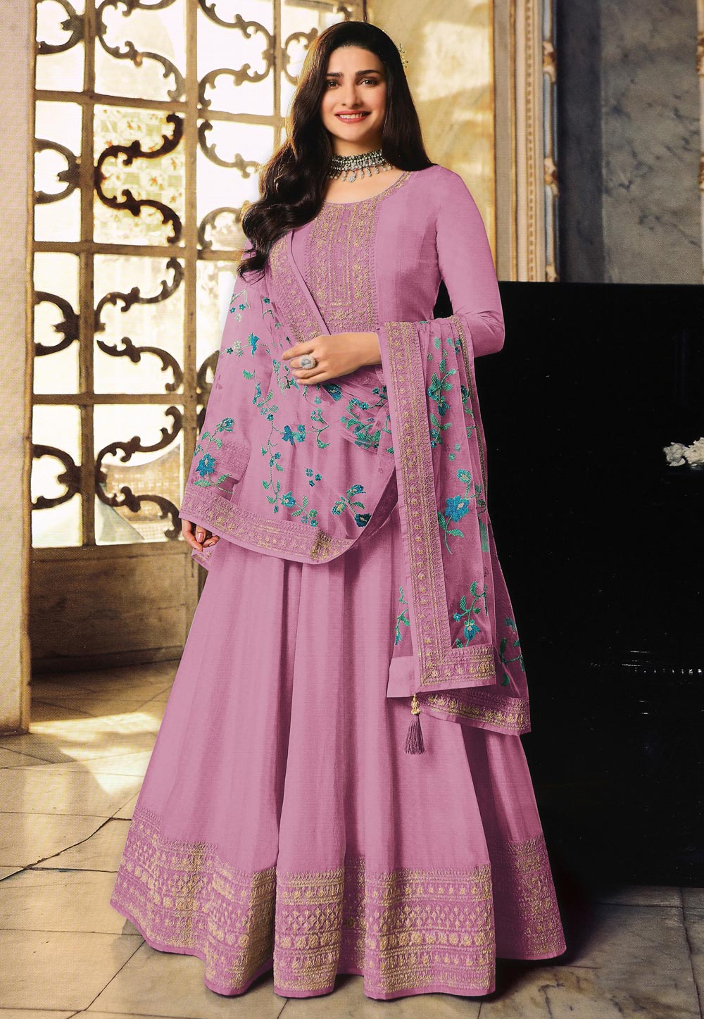 Prachi Desai Pink Silk Long Anarkali Suit 247140