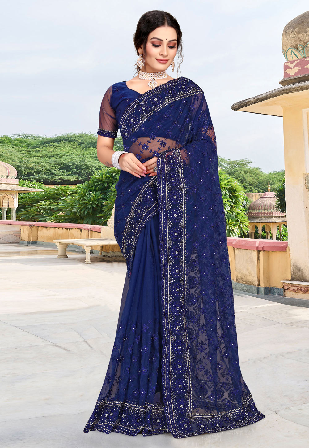Navy Blue Net Saree With Blouse 256935