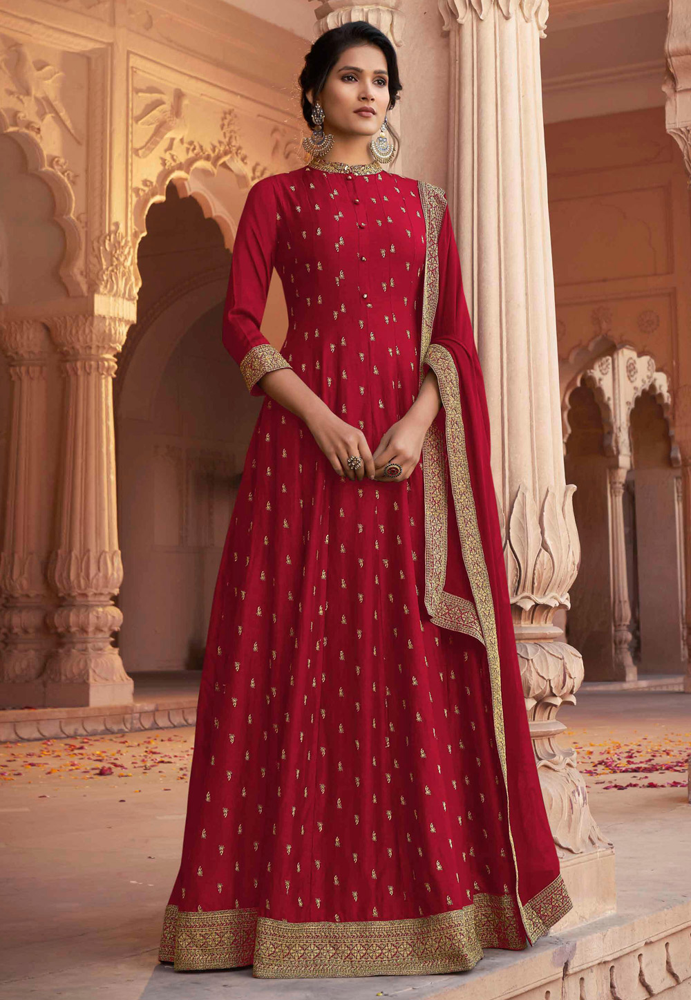 Red Silk Abaya Style Anarkali Suit 219660
