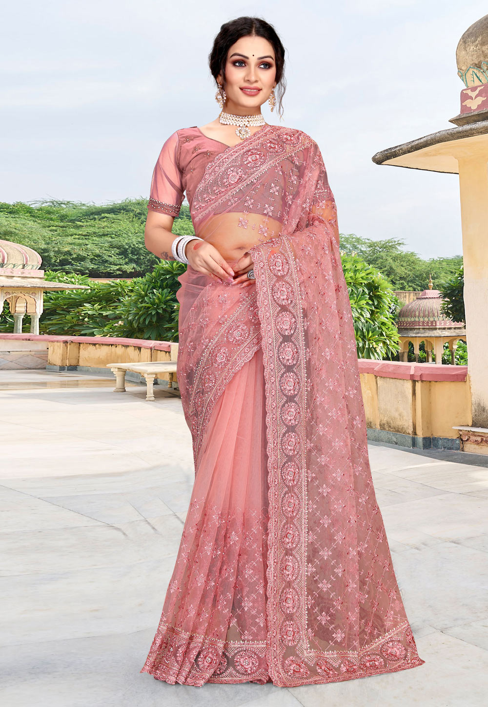 Pink Net Saree With Blouse 256936