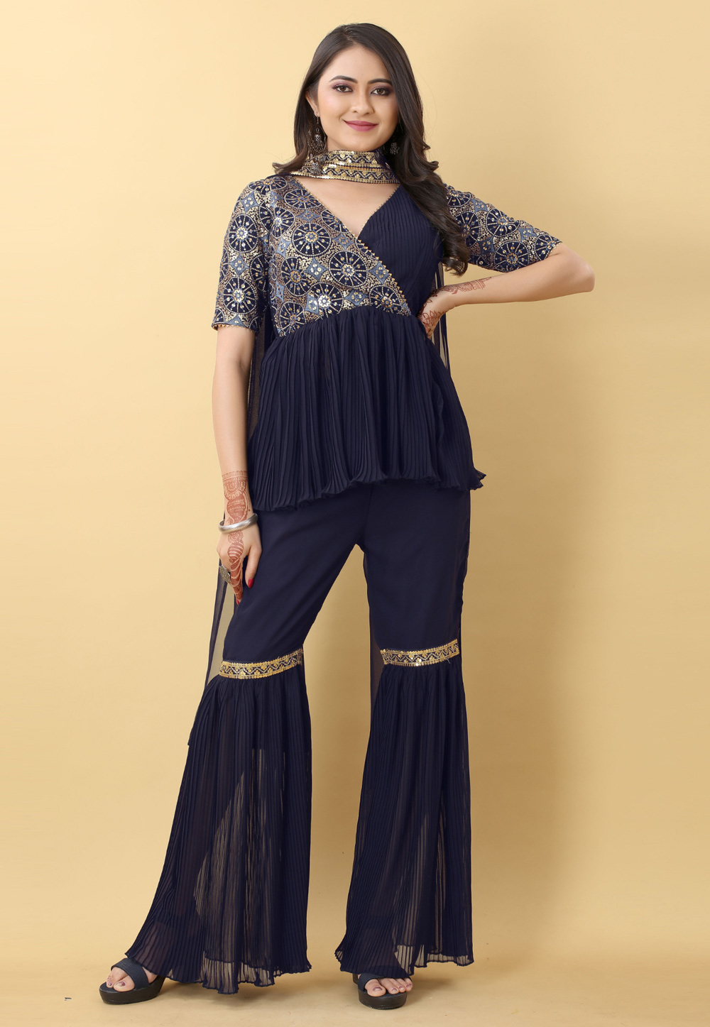 Navy Blue Georgette Readymade Sharara Suit 265976