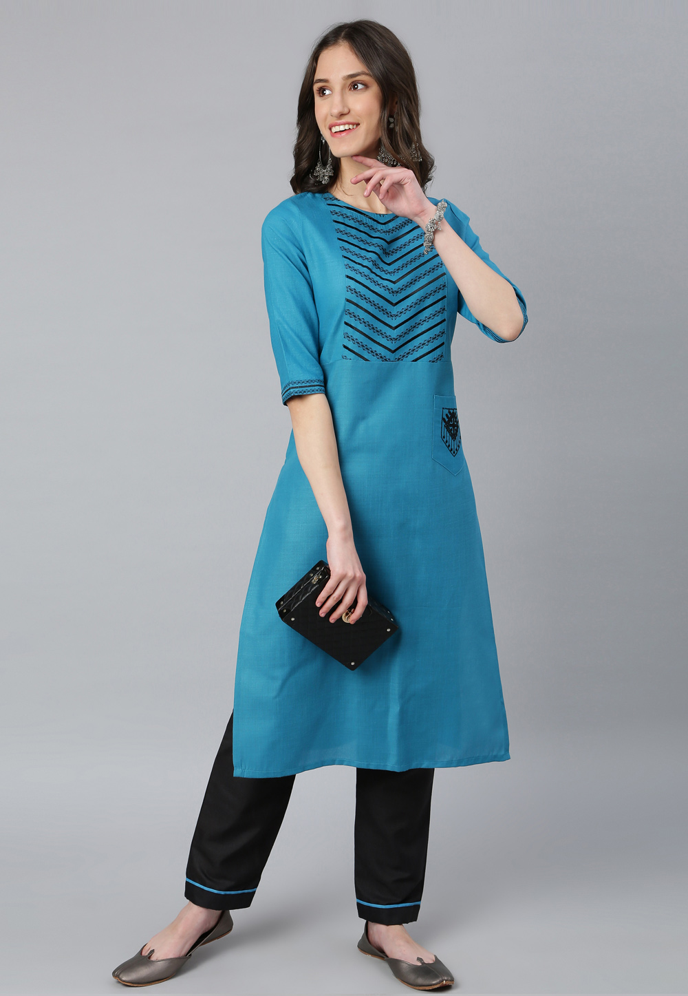 Turquoise Cotton Silk Kurta Set With Pant 248750