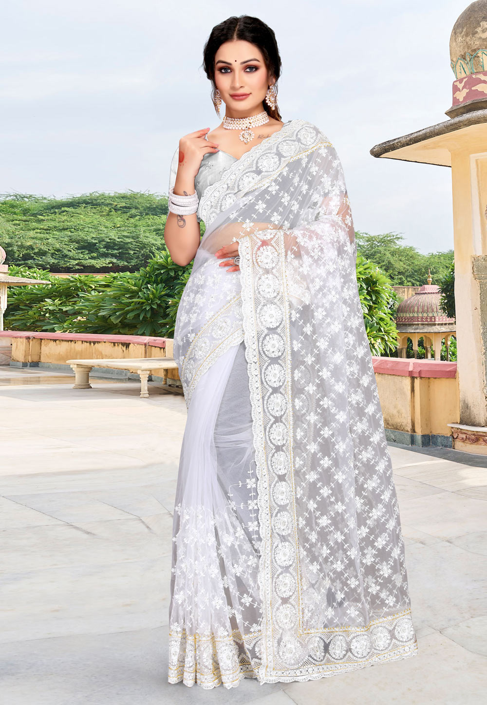 White Net Saree With Blouse 256937