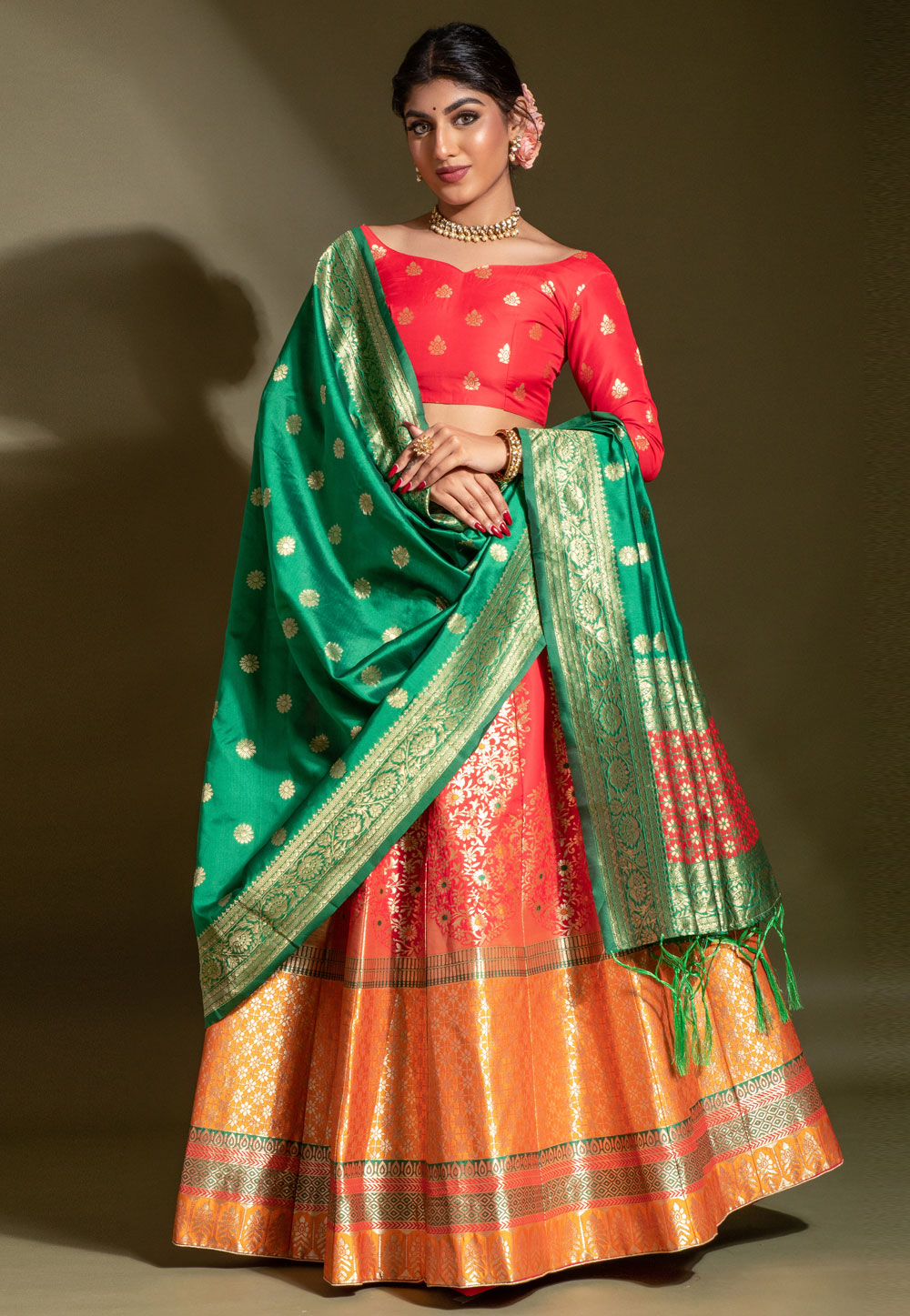 Red Banarasi Silk Circular Lehenga Choli 257017