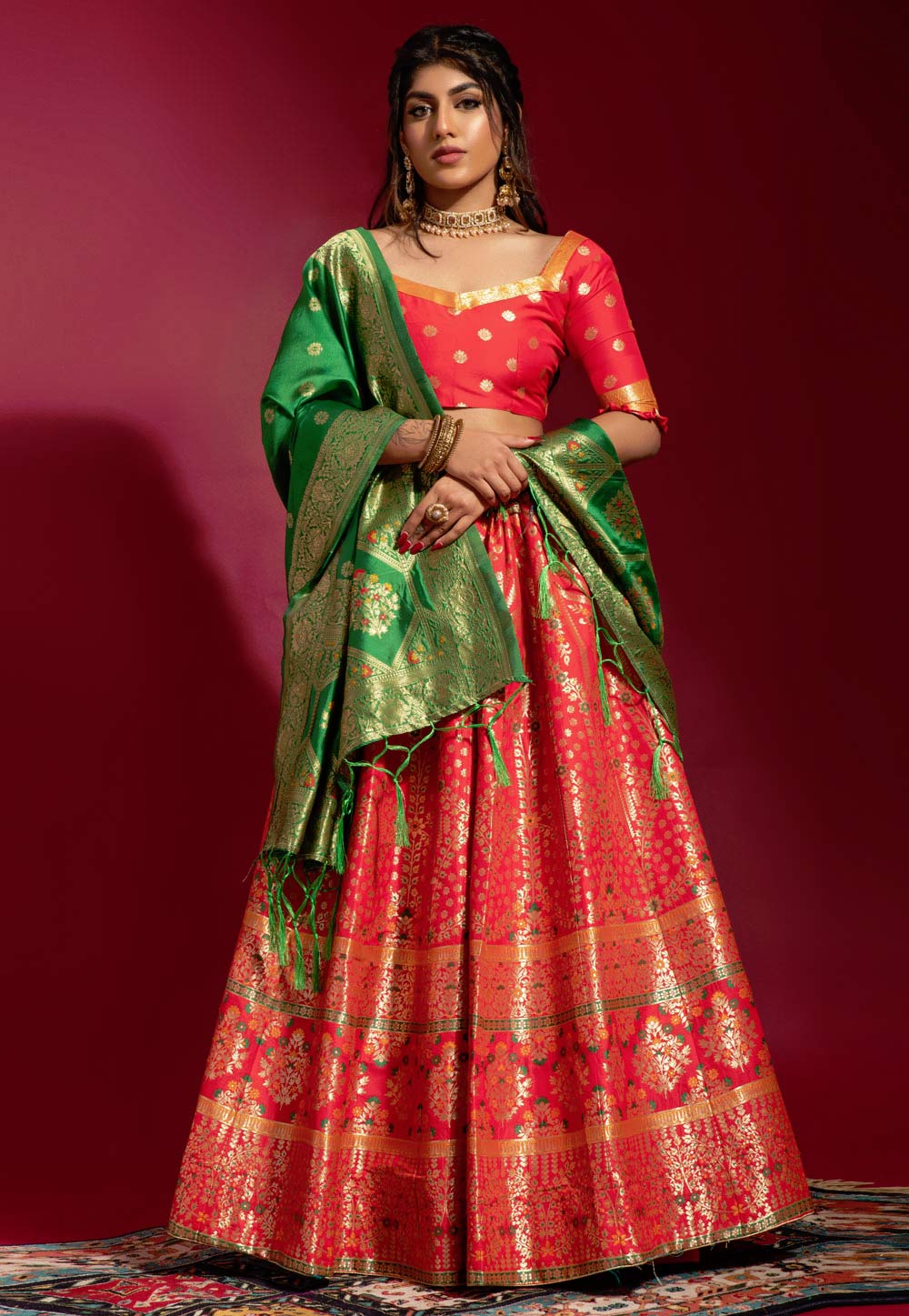 Red Banarasi Silk Circular Lehenga Choli 258916
