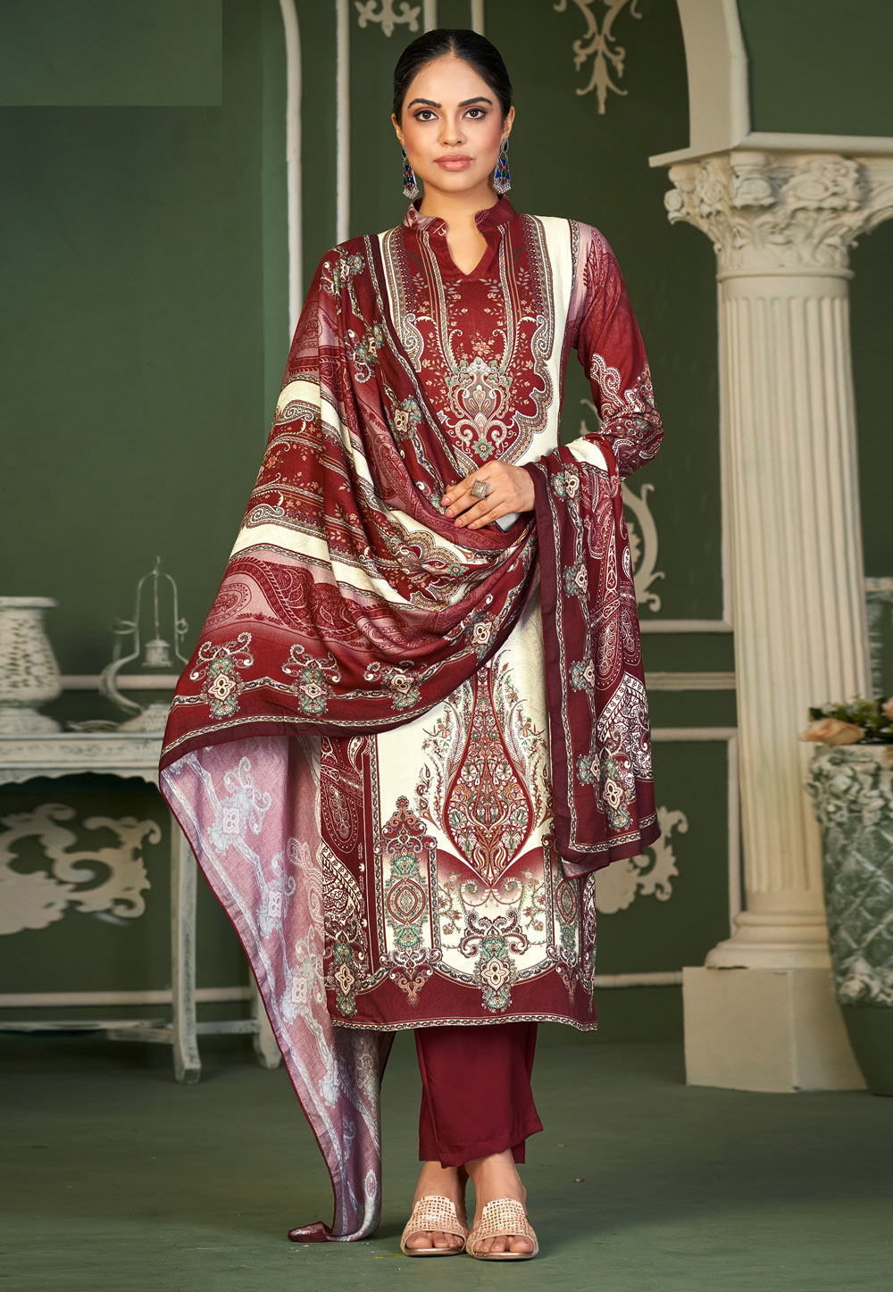 Maroon Viscose Printed Straight Suit 273697