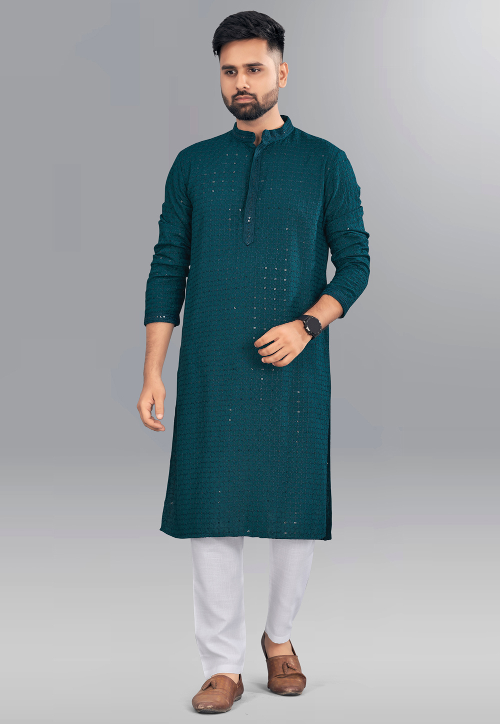 Teal Rayon Kurta Pajama 266222