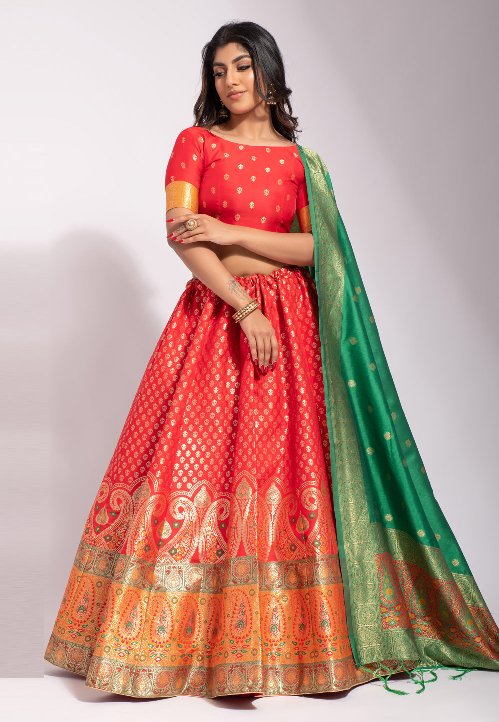 Red Banarasi Silk Circular Lehenga Choli 258062