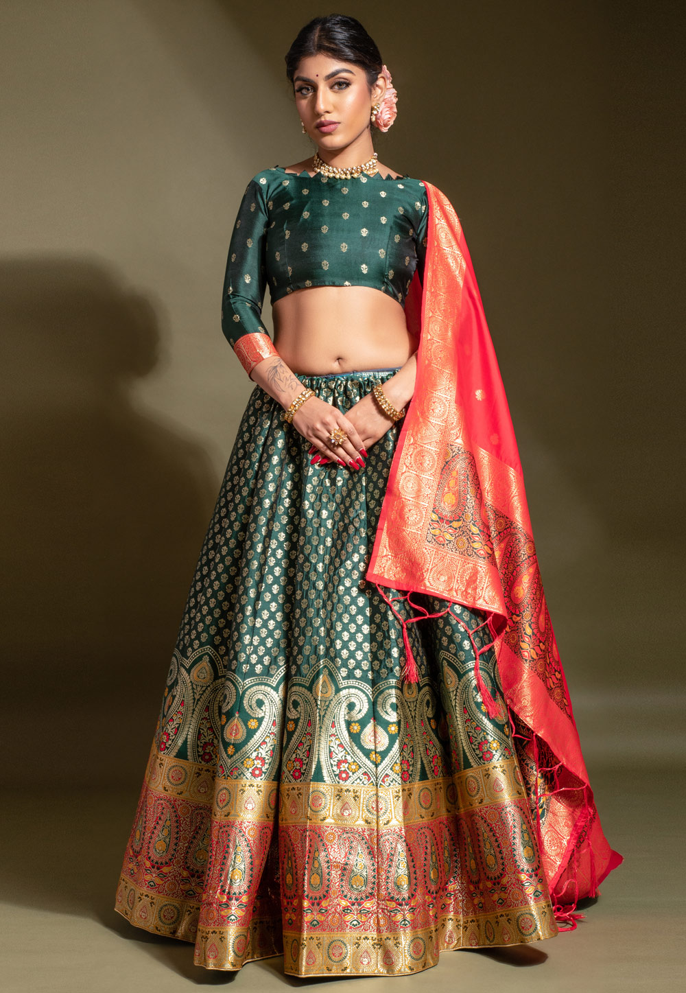 Mustard Color Green Pure Silk Fabric Banarasi Lehenga Bridal