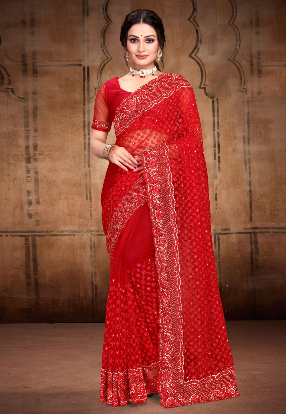 Red Net Saree With Blouse 257688