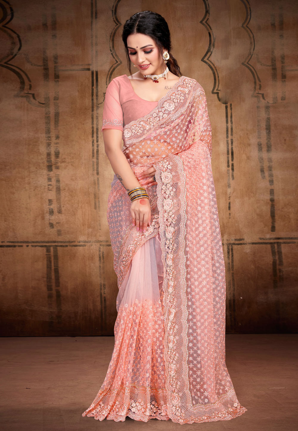 Pink Net Saree With Blouse 257690