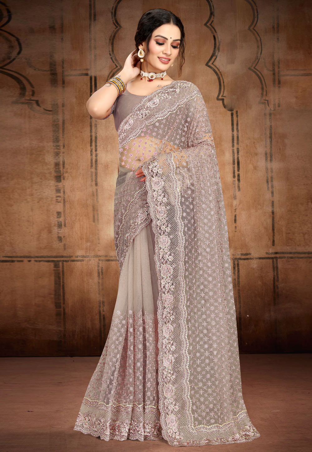 Brown Net Saree With Blouse 257691
