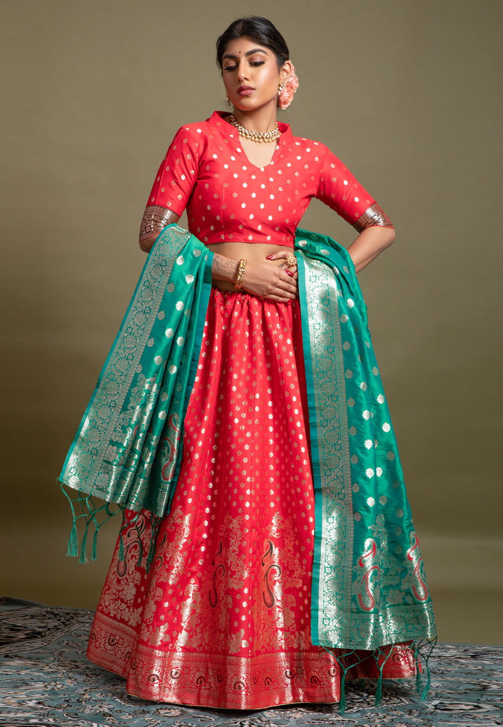 Red Banarasi Silk Circular Lehenga Choli 256393