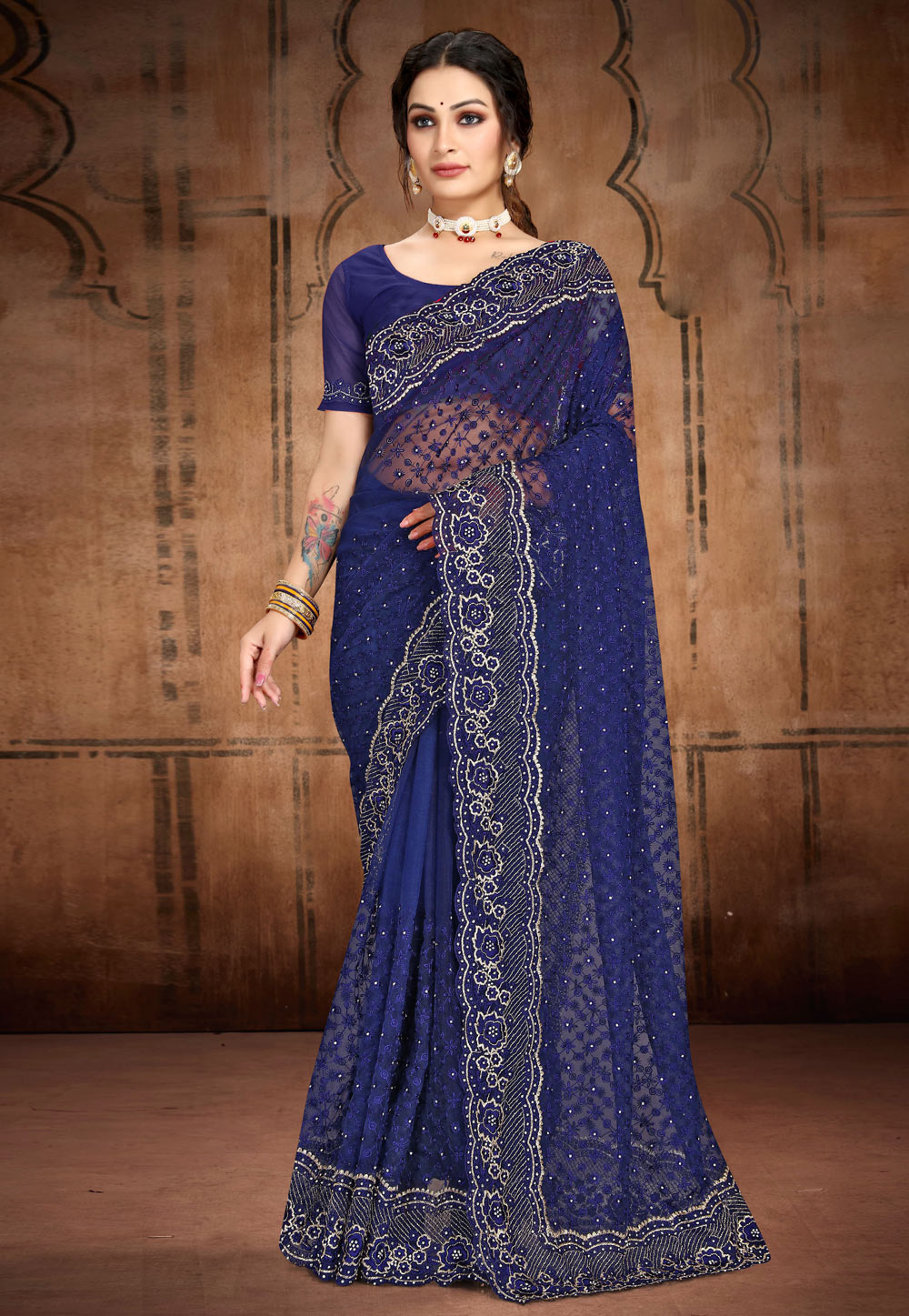 Navy Blue Net Saree With Blouse 257693