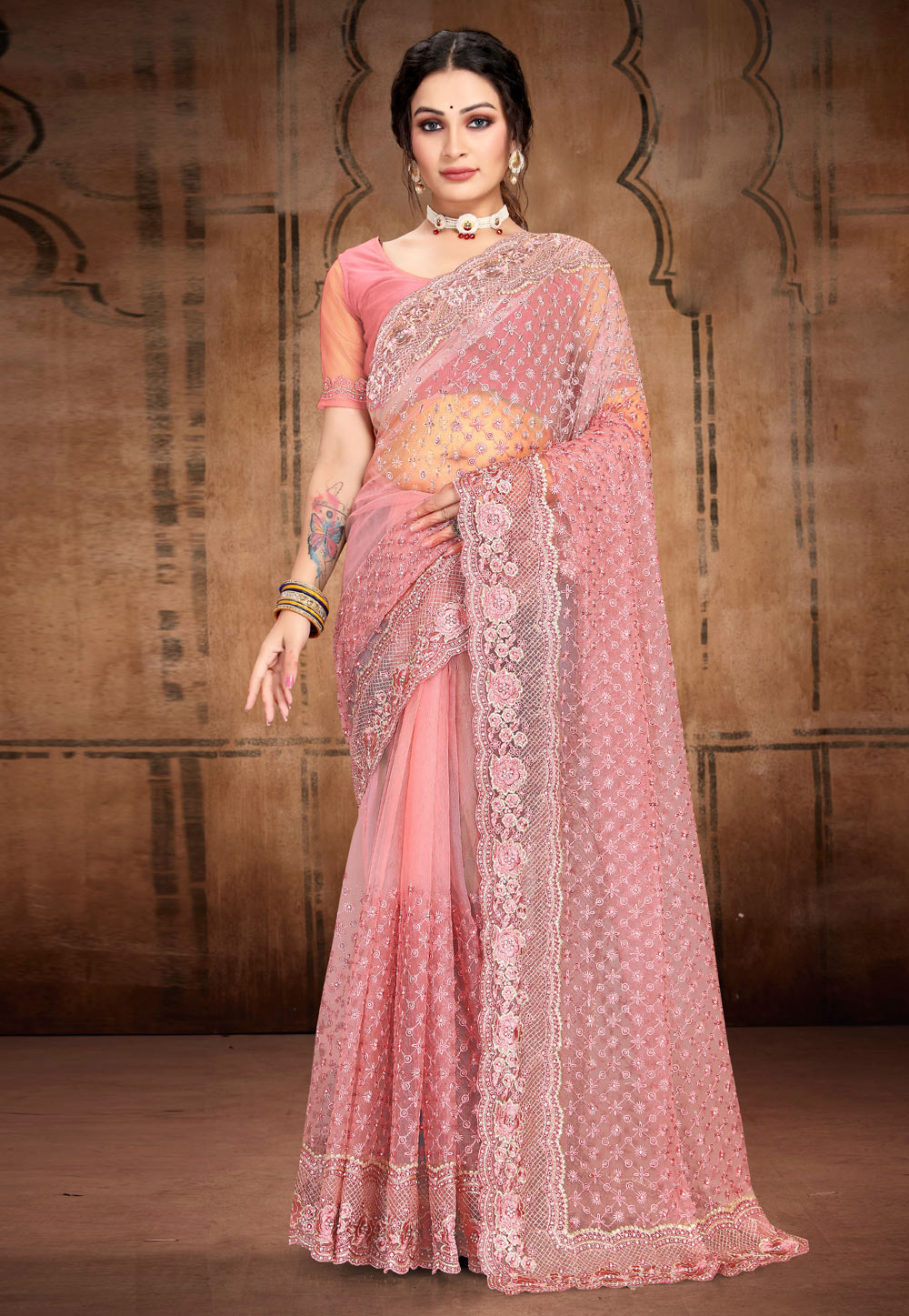 Pink Net Saree With Blouse 257694