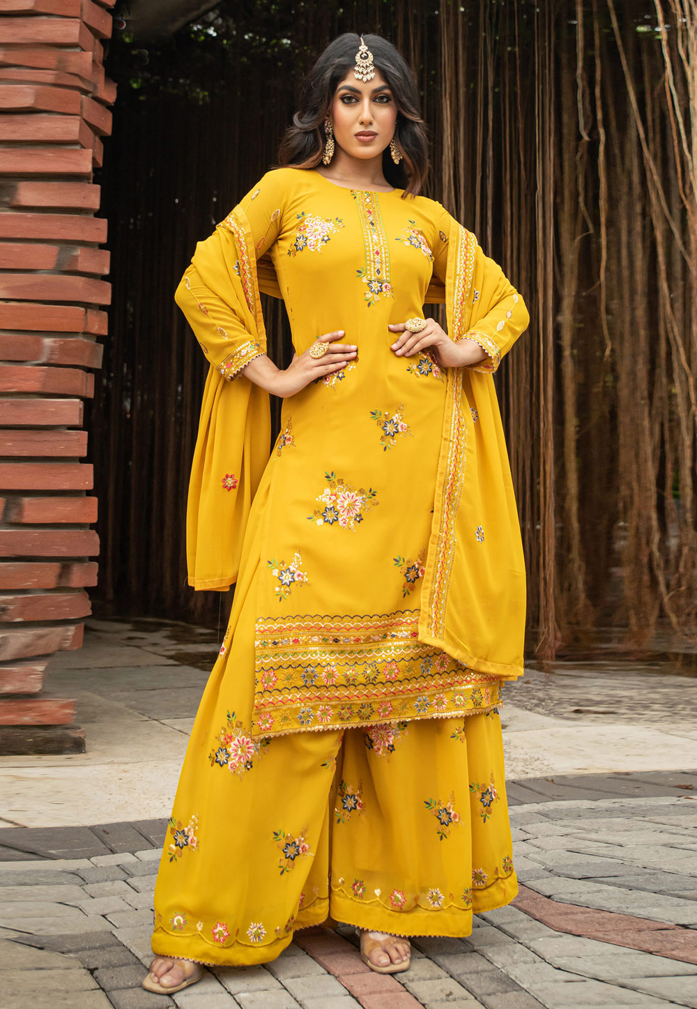 Yellow Faux Georgette Palazzo Suit 267072