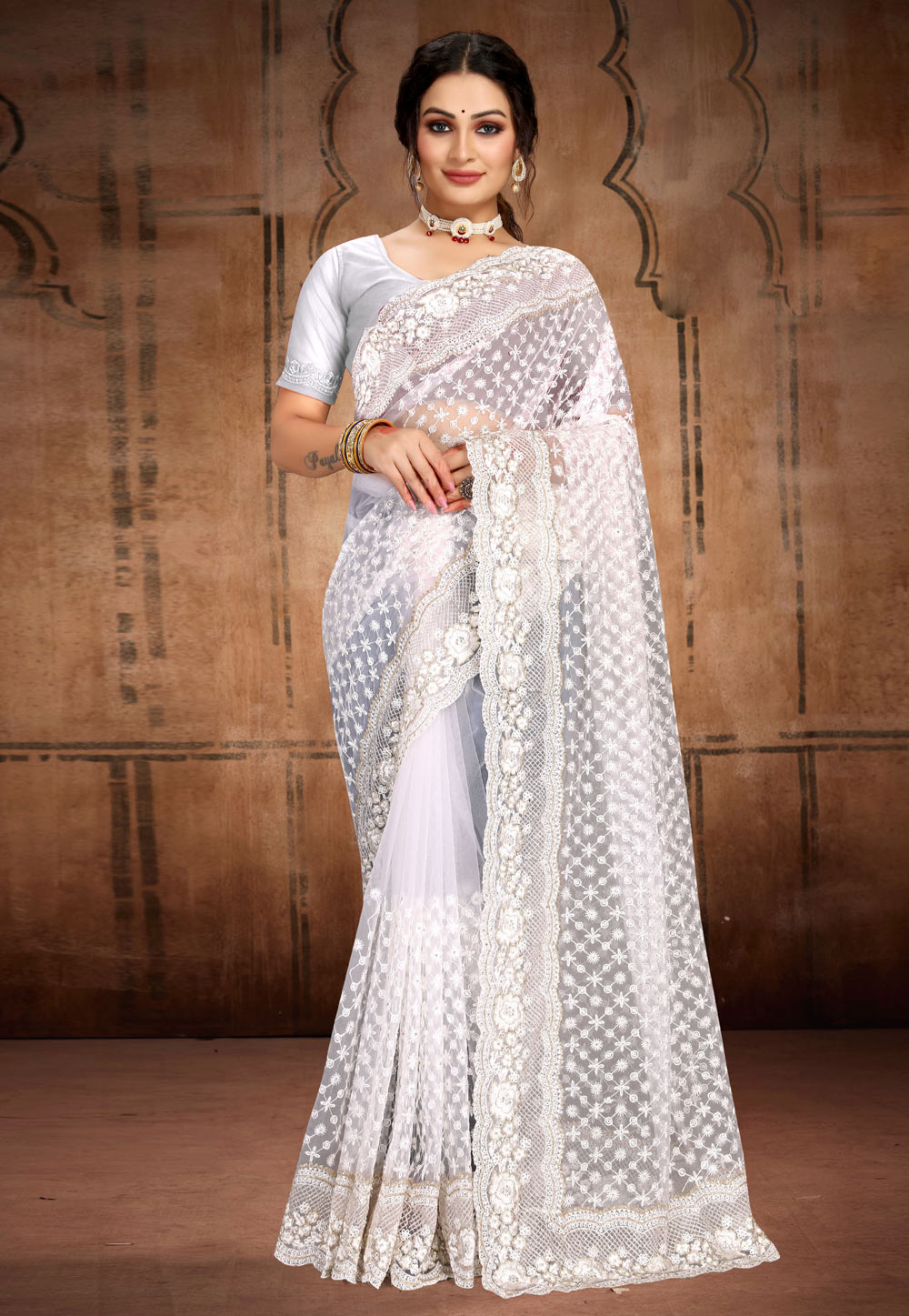 White Net Saree With Blouse 257695