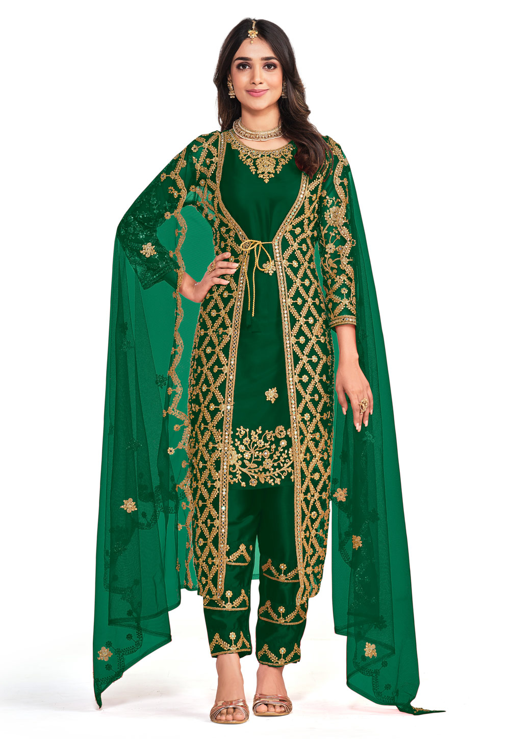 Green Net Embroidered Pakistani Suit 258806
