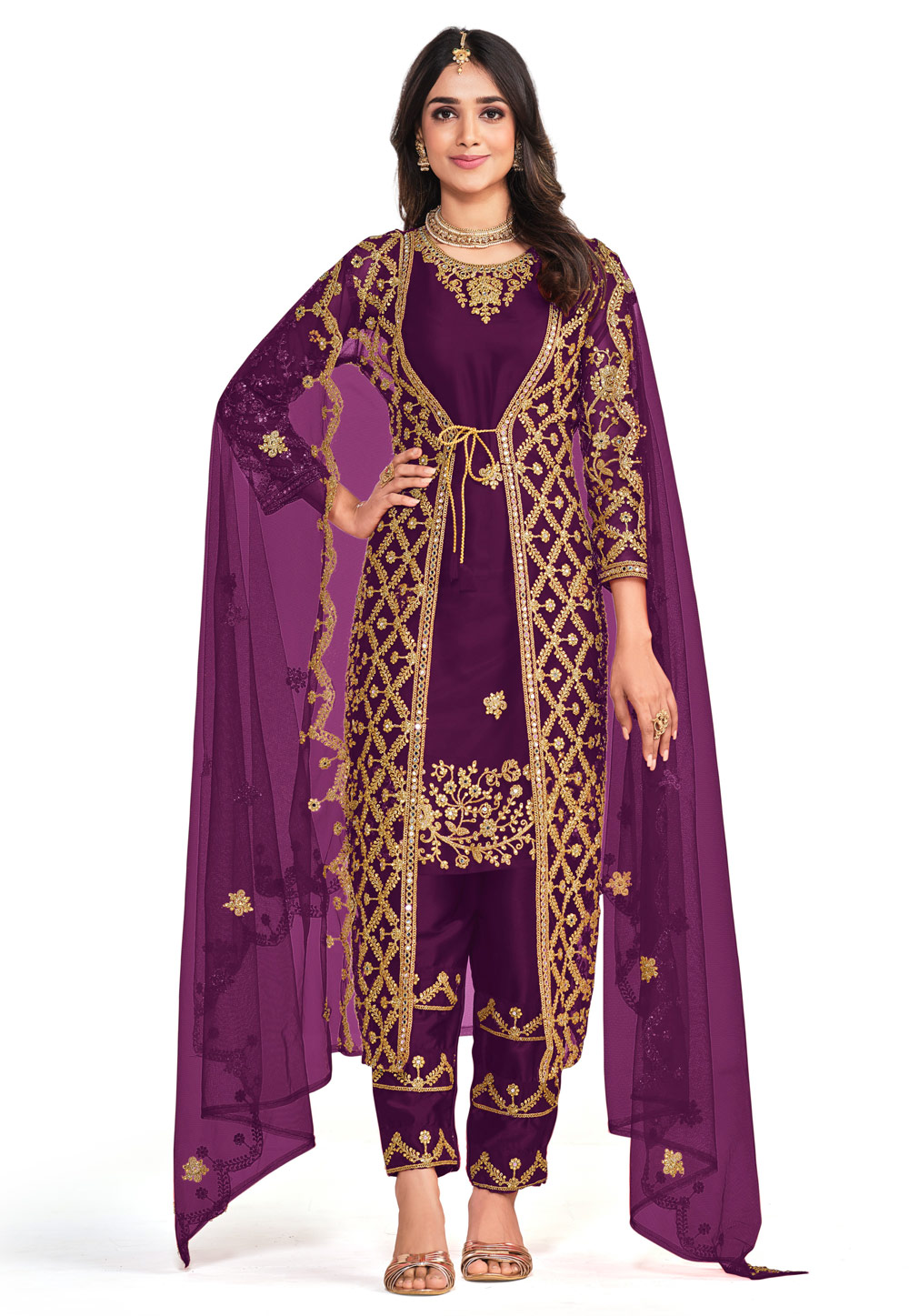Purple Net Pant Style Suit With Jacket 258808