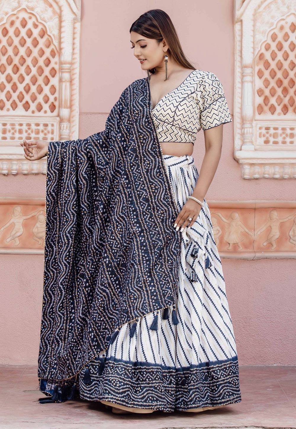 Buy Navy Blue and White Booti Work A - Line Lehenga Online