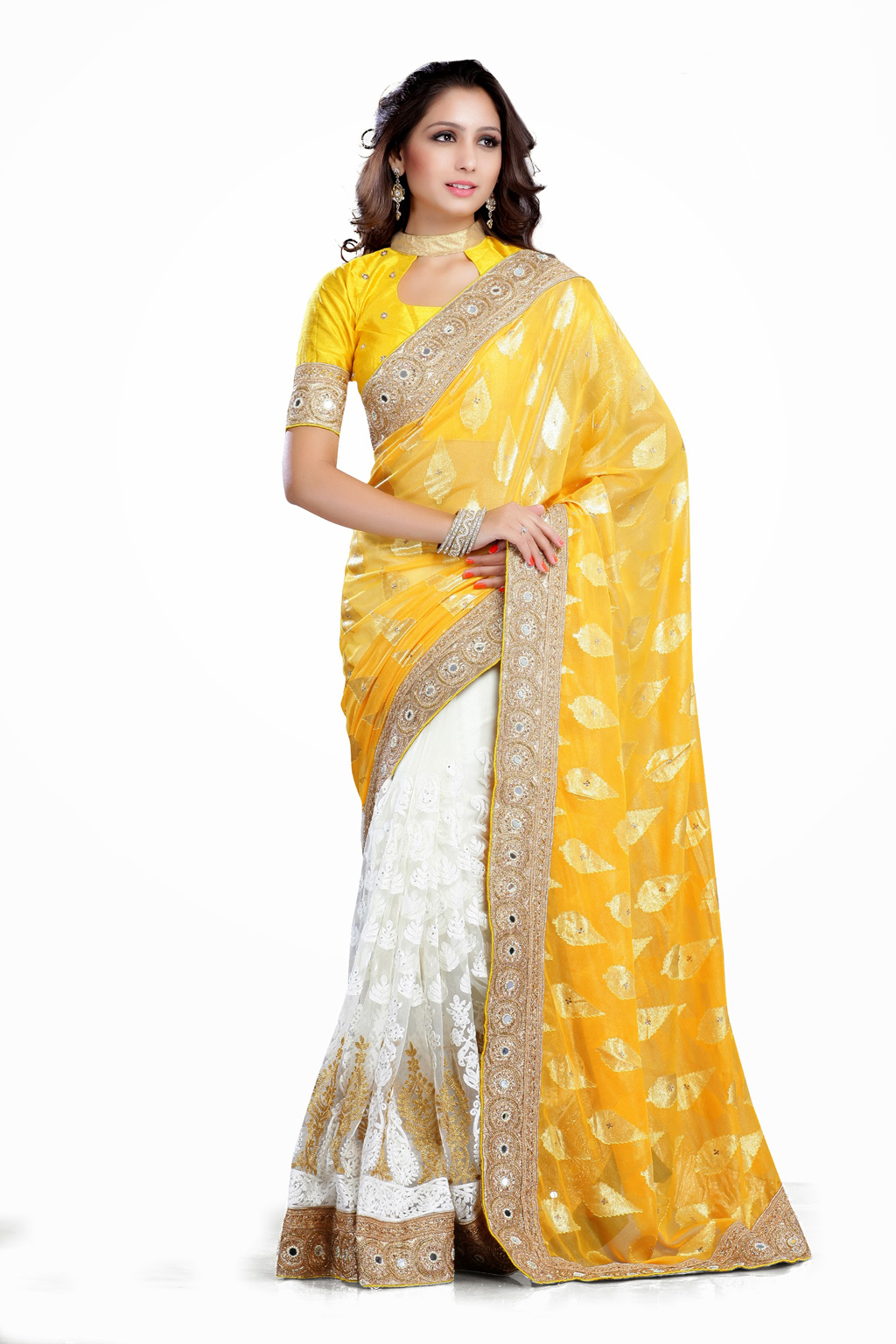 Yellow Soft Net Half and Half Wedding Saree 56002