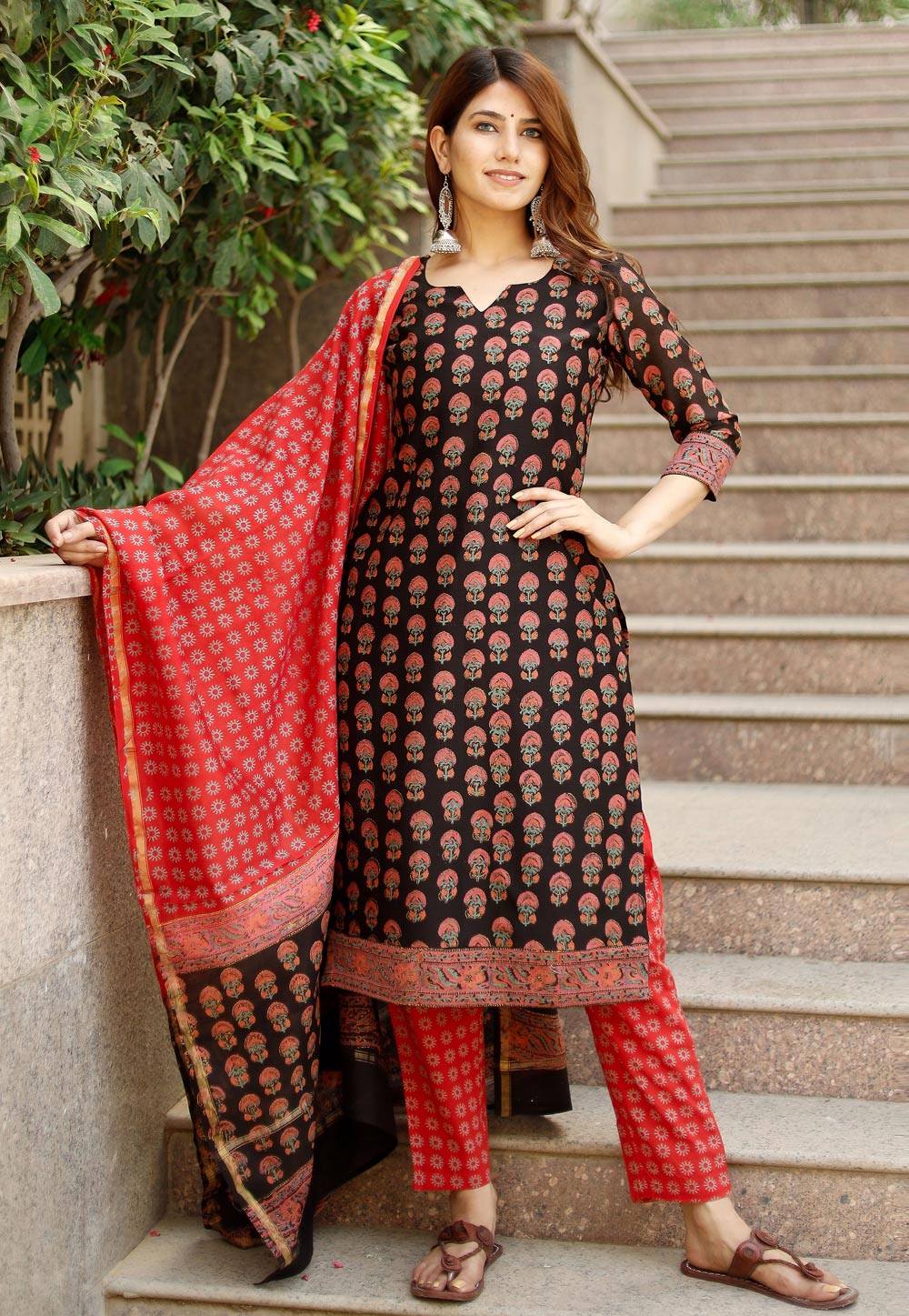 Black Chanderi Readymade Pant Style Suit 223191