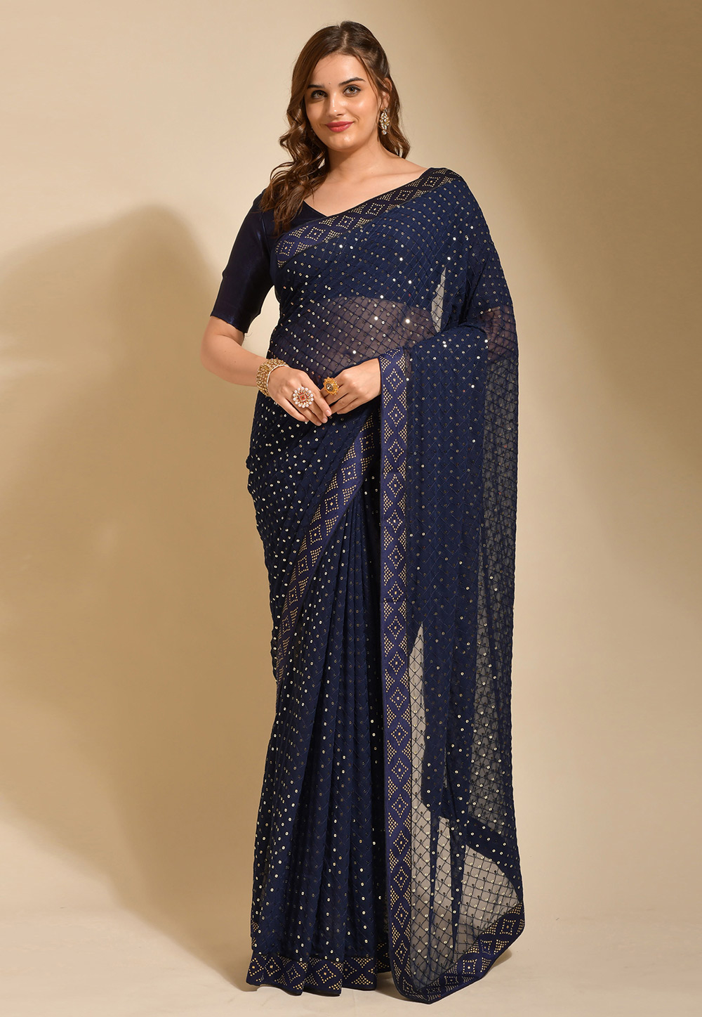 Navy Blue Georgette Saree With Blouse 267759