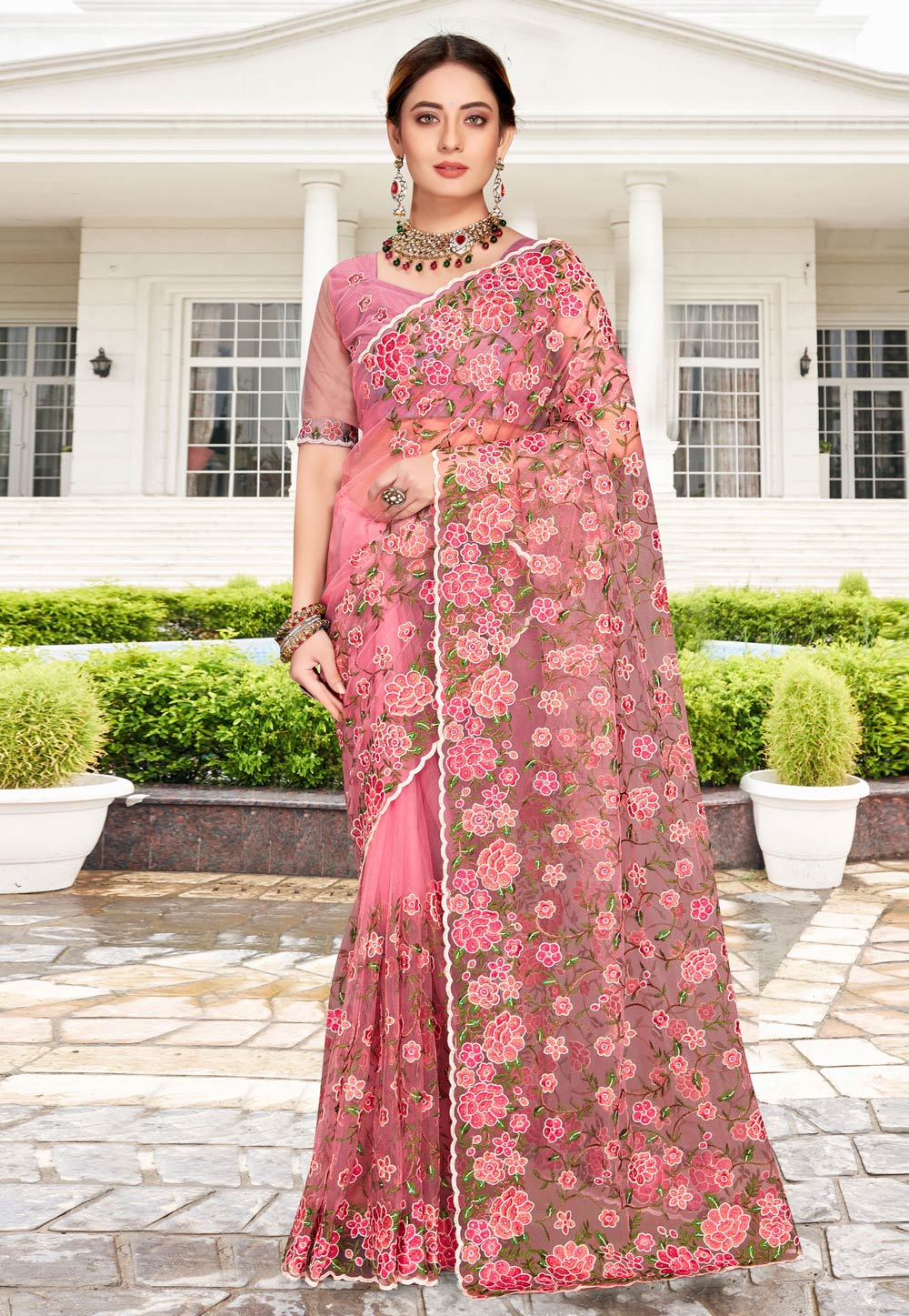 Pink Net Saree With Blouse 257741