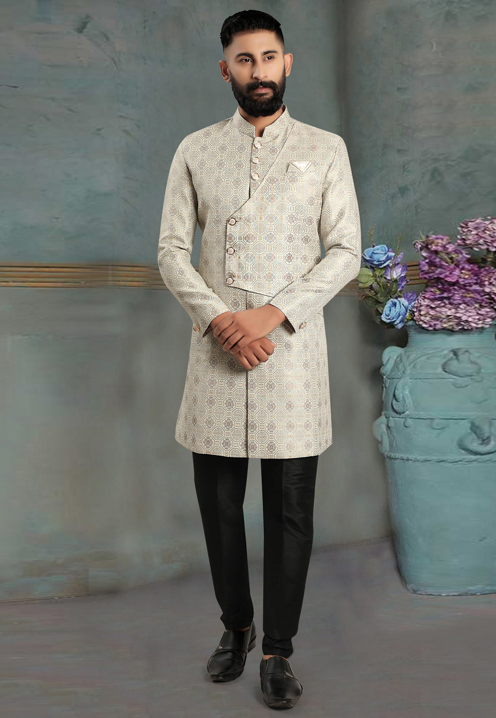 Cream Jacquard Indo Western Sherwani 268284