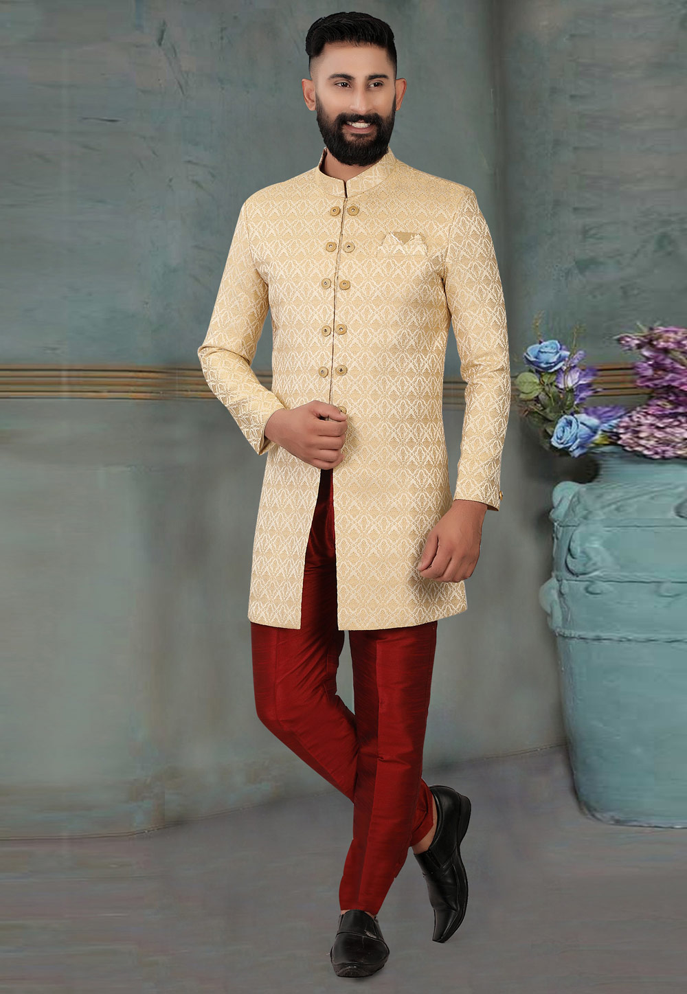 Beige Jacquard Indo Western Sherwani 268286