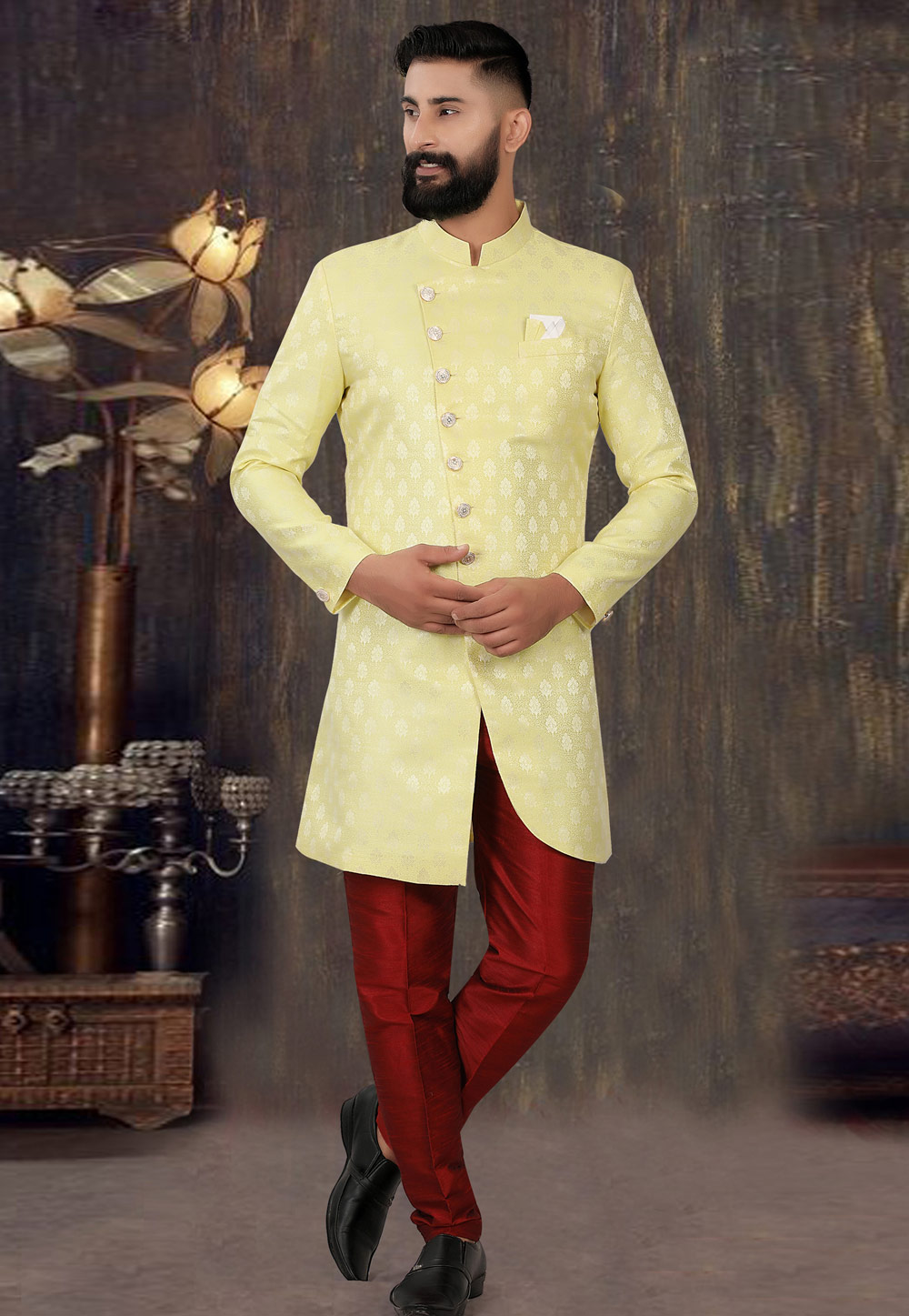 Yellow Jacquard Indo Western Sherwani 268287