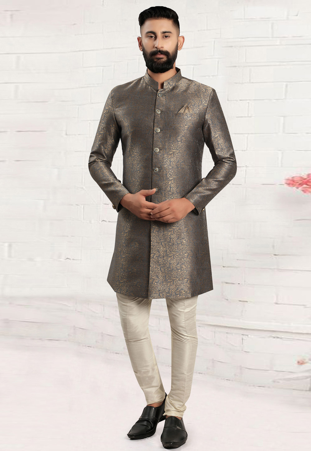 Grey Jacquard Indo Western Sherwani 268292