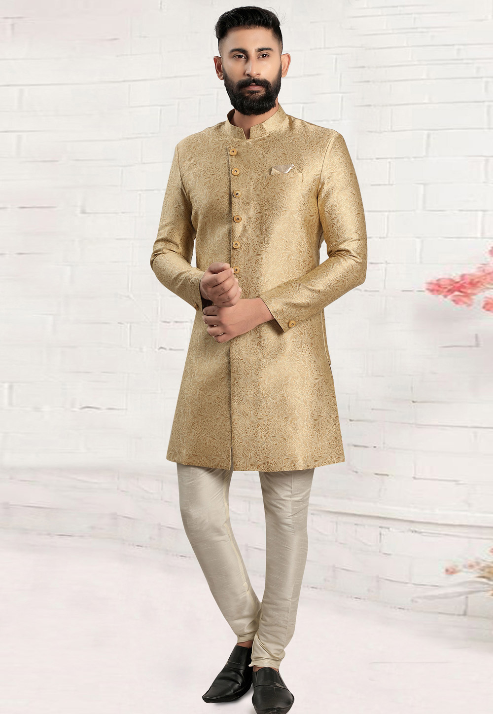 Beige Jacquard Indo Western Sherwani 268293