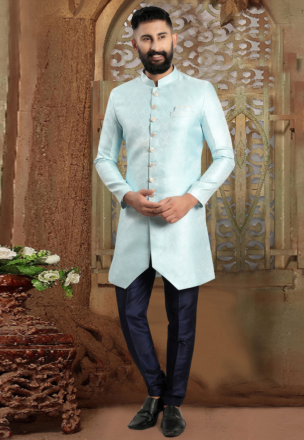 Sky Blue Jacquard Indo Western Sherwani 268295