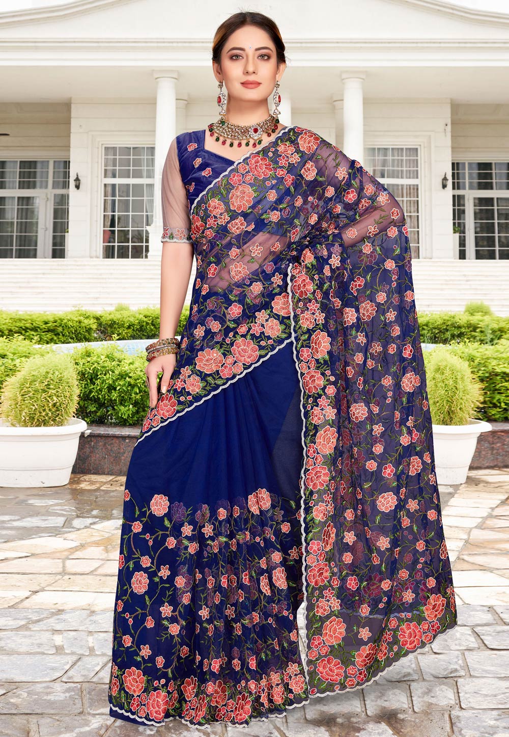 Blue Net Saree With Blouse 257742