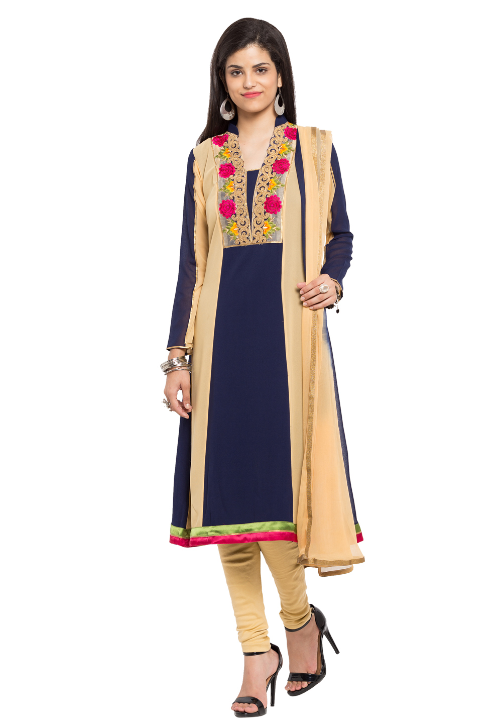 Navy Blue Faux Georgette Readymade Churidar Suit 230406
