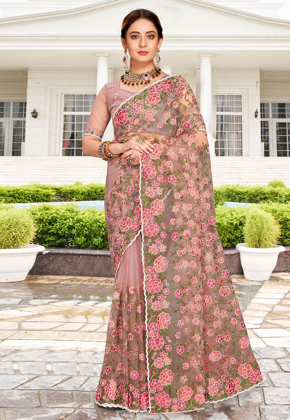 Pink Net Saree With Blouse 257743