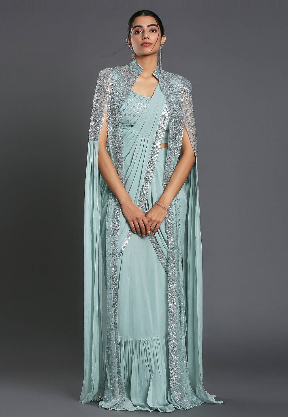 Sky Blue Georgette Designer Saree Witn Jacket 268105