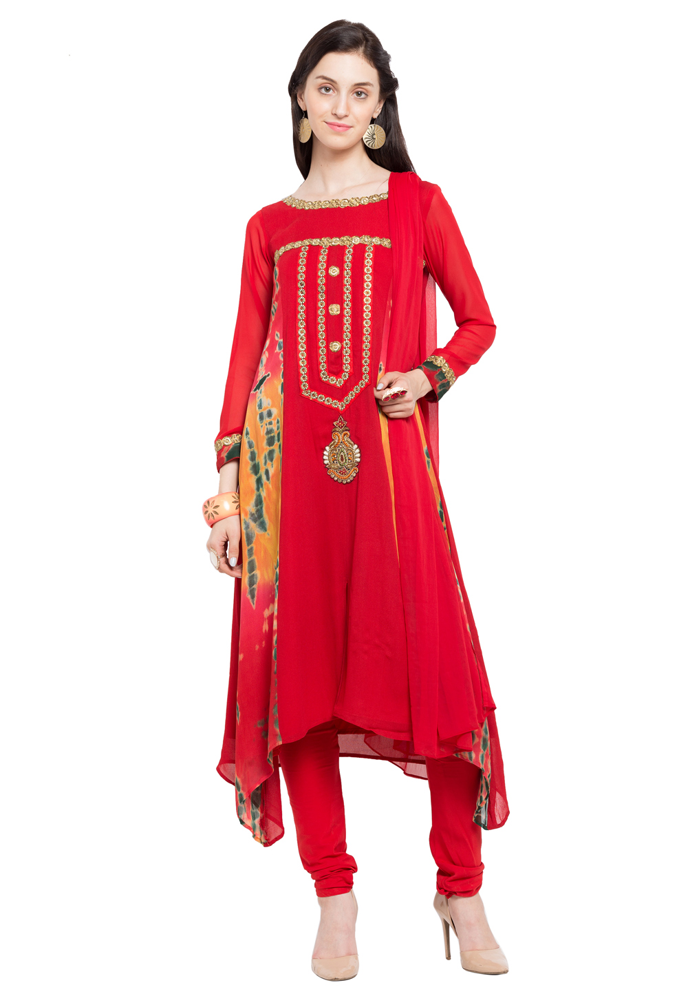 Red Faux Georgette Readymade Churidar Suit 230407