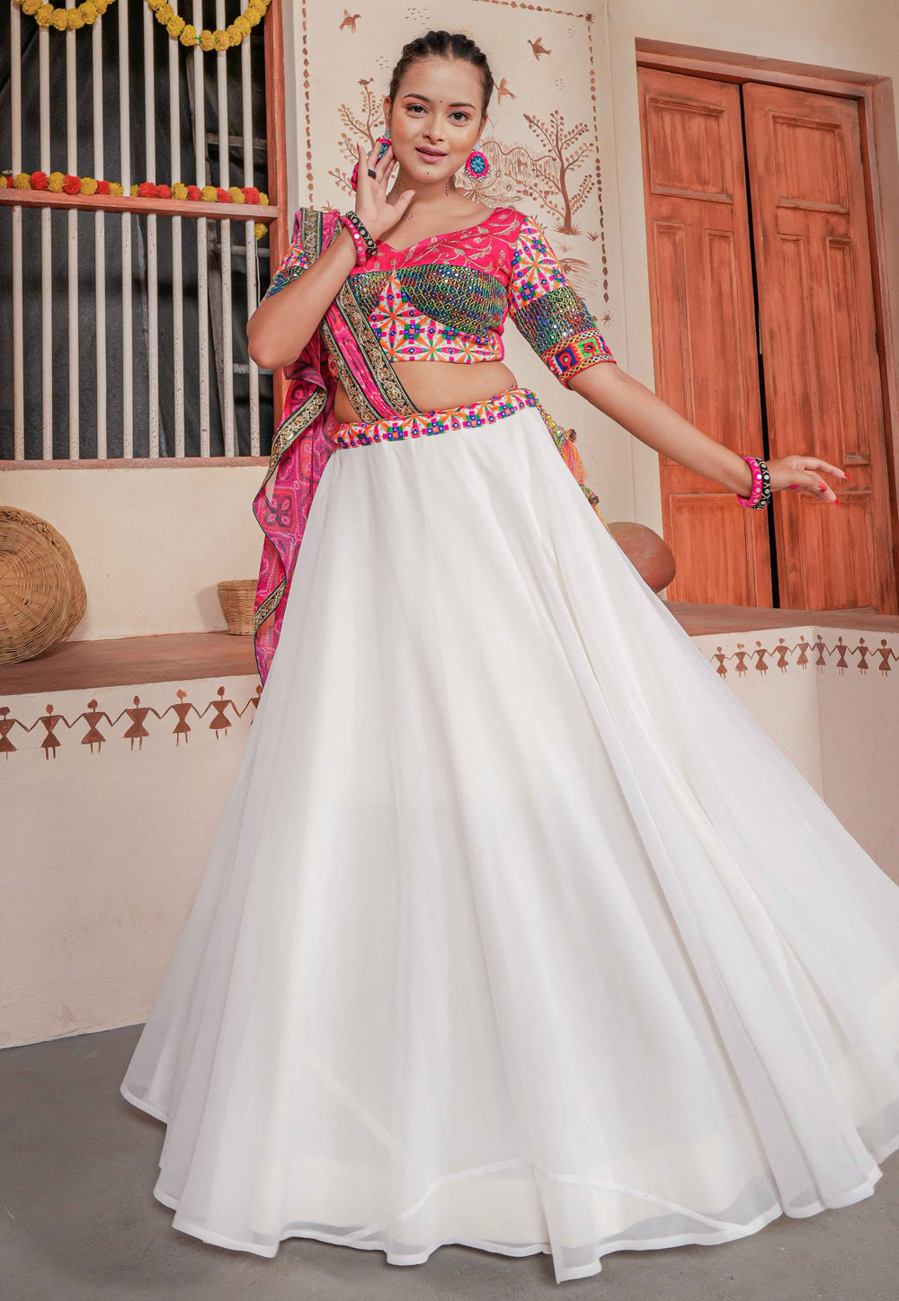 White Georgette Navratri Chaniya Choli 268679