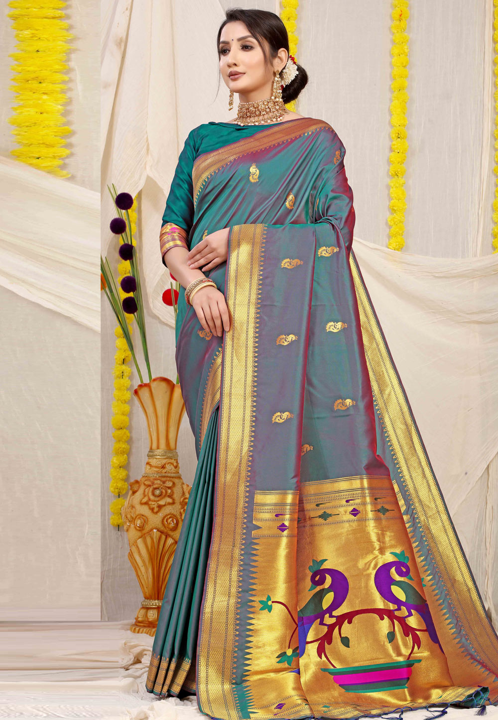 Teal Banarasi Silk Saree With Blouse 268655