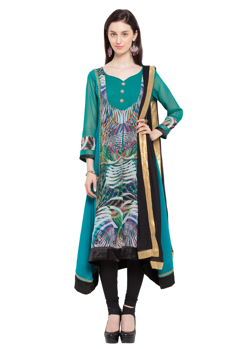 Teal Faux Georgette Readymade Churidar Suit 230410
