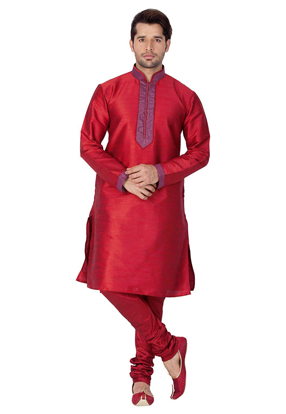Red Dupion Silk Readymade Kurta Pajama 176084